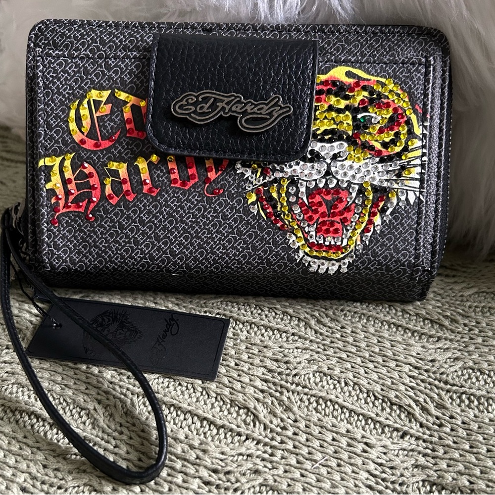 NWT Ed Hardy  Wristlet with Rhinestone Tiger & Red Yellow Script- Black, Size Lg